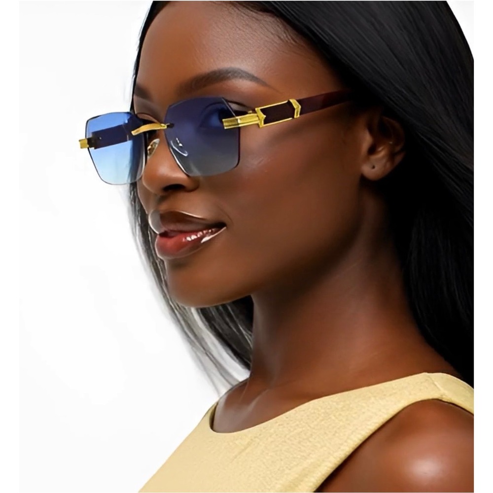 Gold Rimless Octagon Sunglasses Blue Gradient Lens Women‎ Temples Retro Luxury